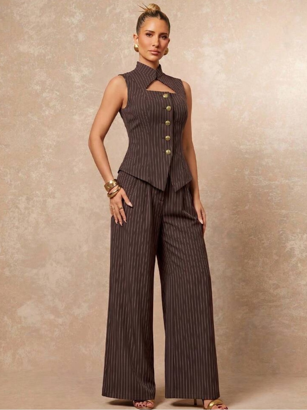 Rebellious Rose Brown Pinstripe Sleeveless Pantsuit - Picture 3 of 10